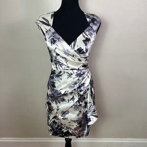 Maggy L Women Blue White Floral Satin V-Neck Cap Sleeve Back Cutout Dress Size 4